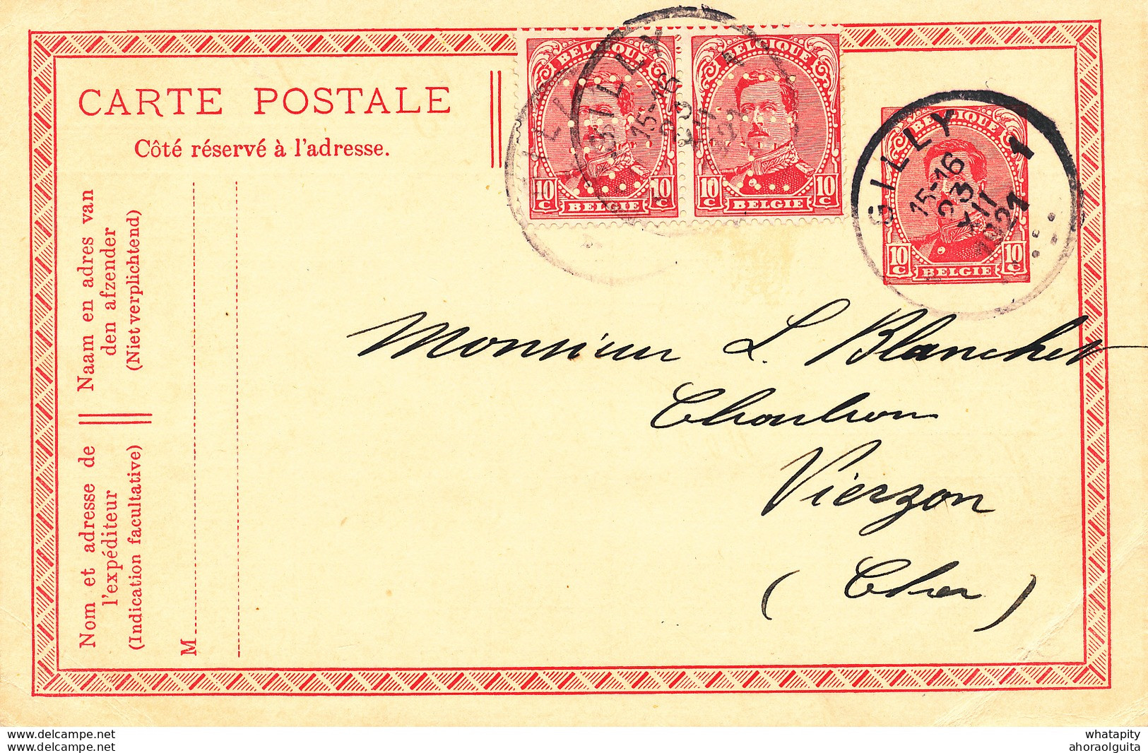 DDW706 - Entier Postal Petit Albert GILLY1921 - Timbres PERFORES H.U. - Repiquage Verso Houillières Unies De CHARLEROI - 1909-34