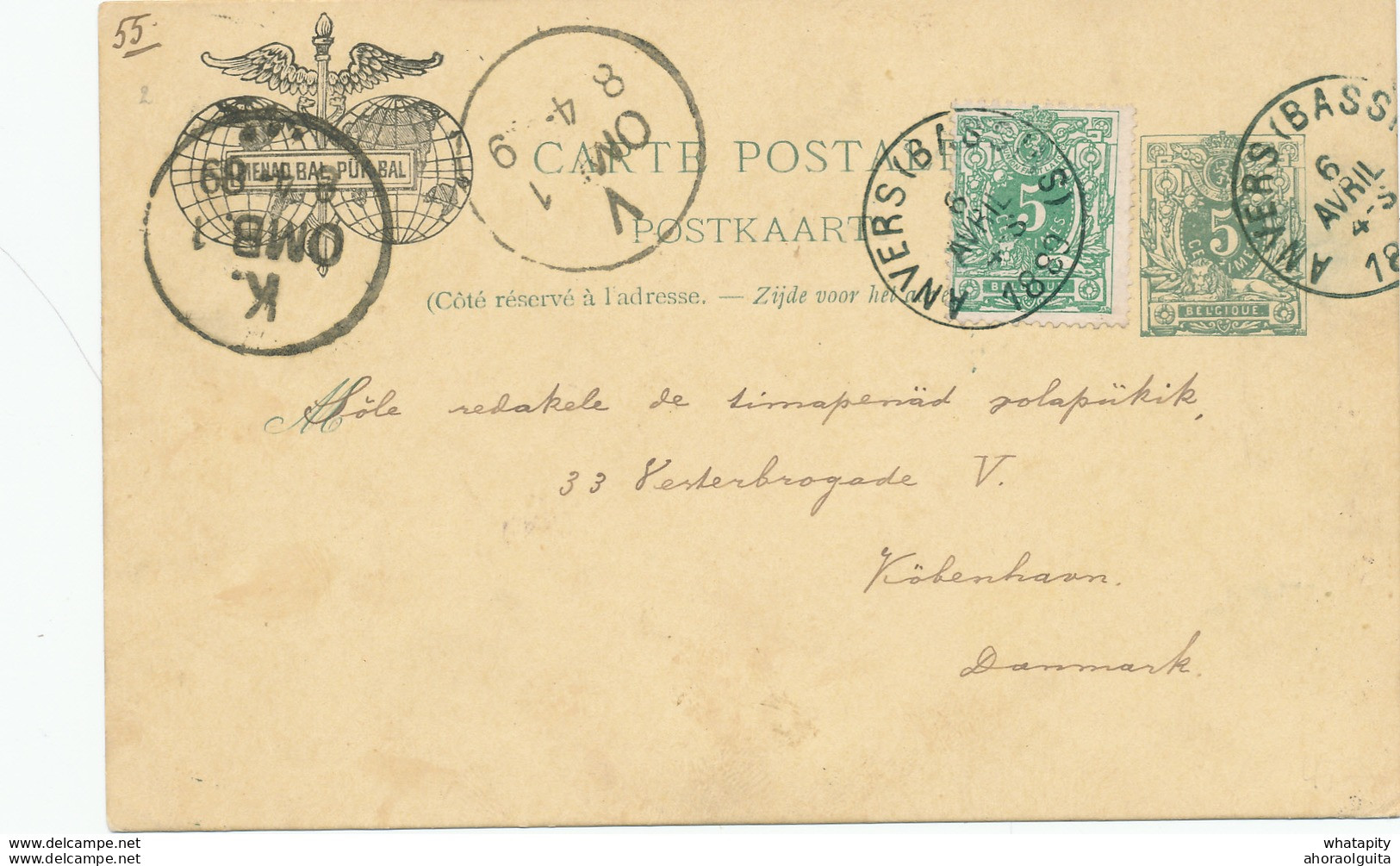 DDW611 - VOLAPUK - Entier Postal Belge ANVERS 1889 Vers Le Danemark - Repiquage Et Texte Complet En Volapuk - Andere & Zonder Classificatie