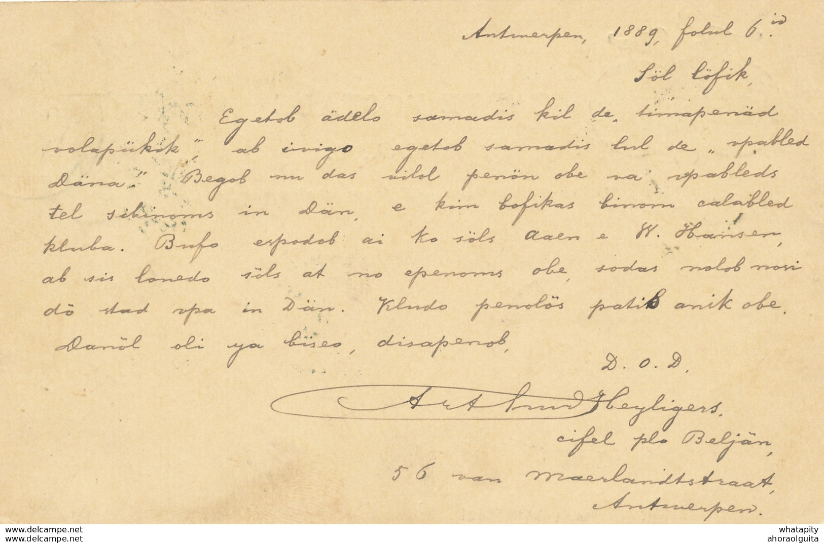 DDW611 - VOLAPUK - Entier Postal Belge ANVERS 1889 Vers Le Danemark - Repiquage Et Texte Complet En Volapuk - Autres & Non Classés