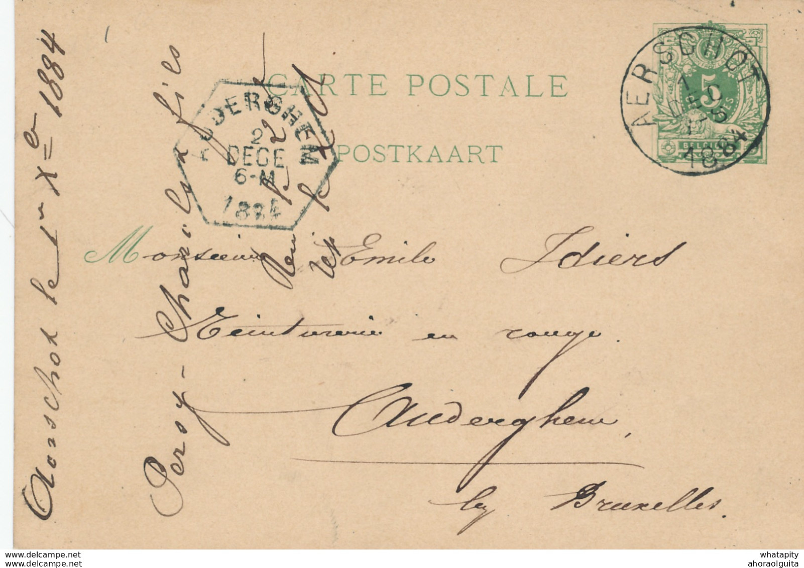 DDW592 - Cachet Hexagonal De La Gare D' AUDERGHEM 1884 S/ Entier Postal Expédié D' AERSCHOT - PEU COMMUN - Documenti & Frammenti