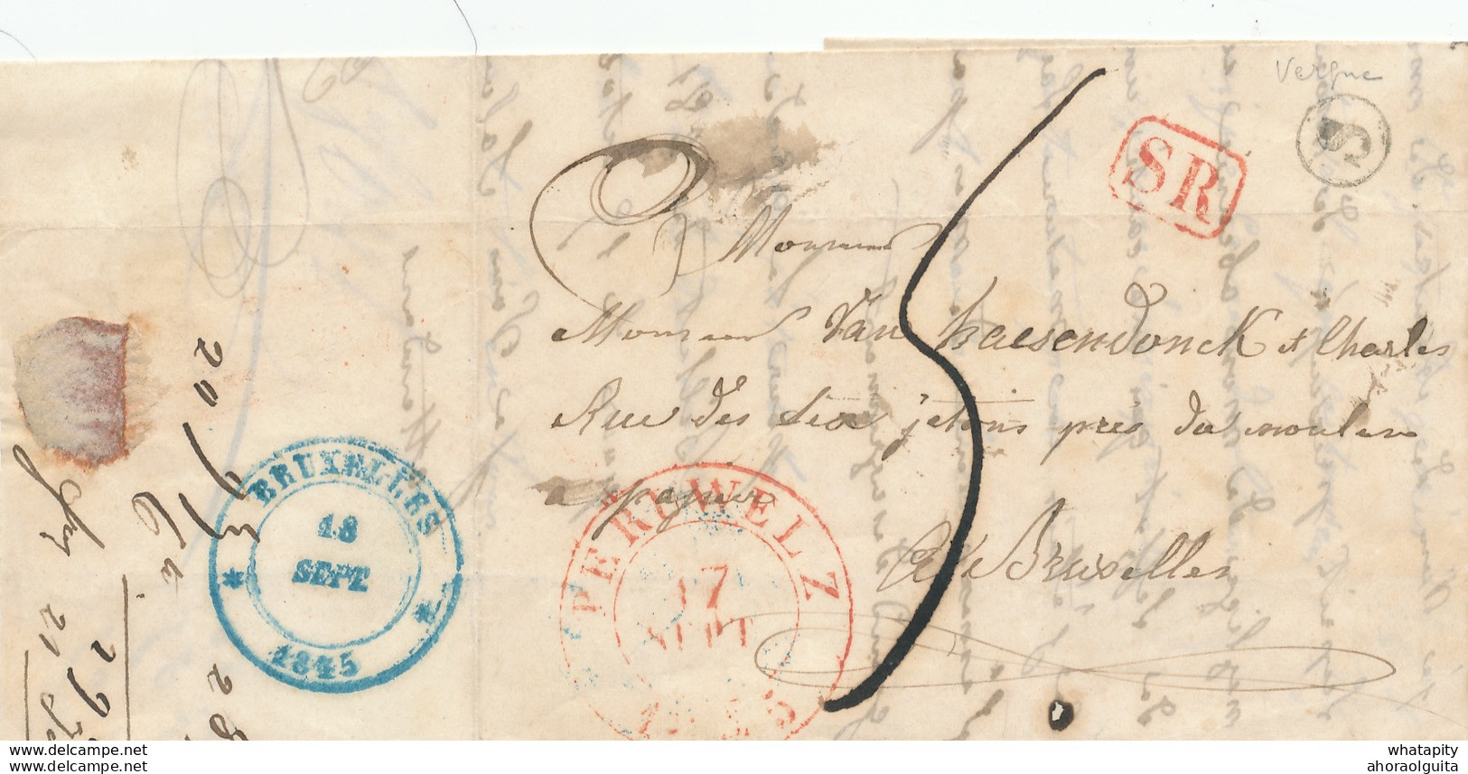 DDW608 - Lettre Précurseur PERUWELZ 1845 Vers BXL - Boite Rurale S De VERGNE (dépendance De WIERS) - Posta Rurale