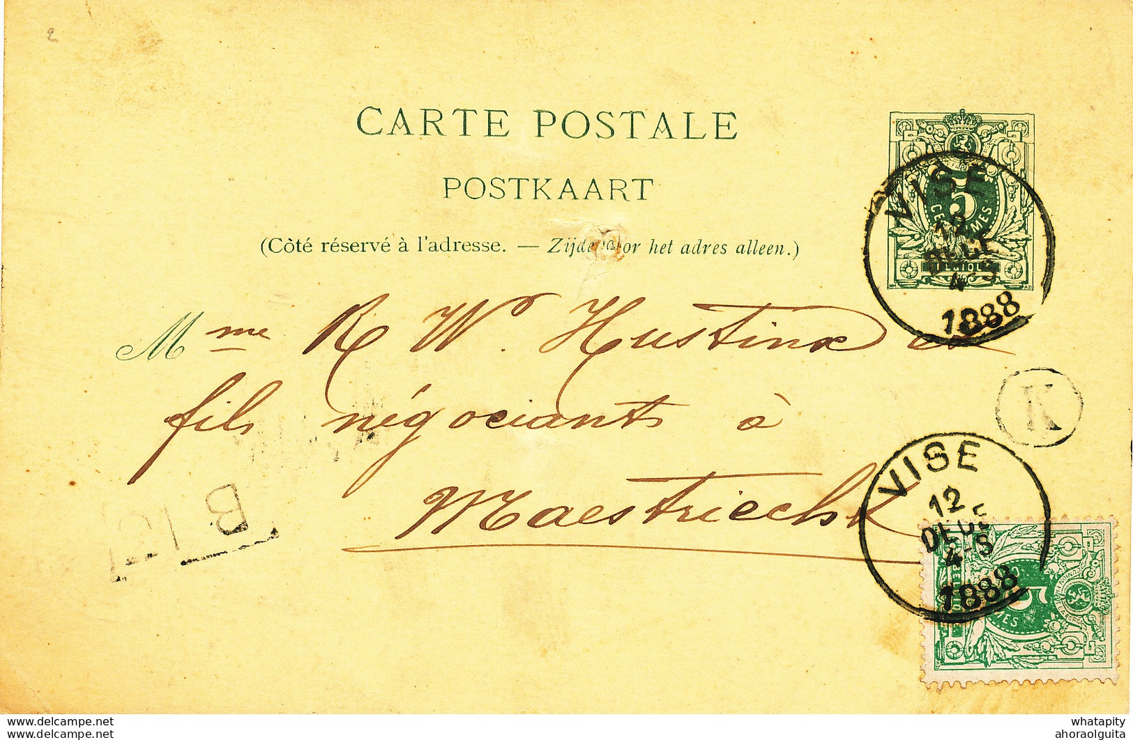 DDW602 - Entier Postal Lion Couché VISE 1888 Vers MAESTRICHT - Boite Rurale Grand K Expédiée De SAINT REMY - Poste Rurale