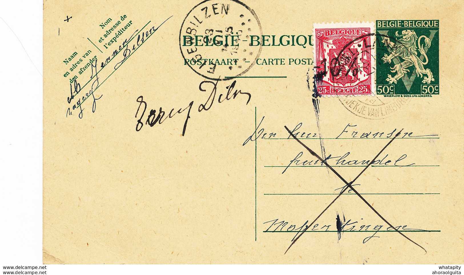 888/30 -- Entier Postal Lion V + TP Petit Sceau LANKLAER 1946 - Moins 10% Surcharge Locale - Origine DILSEN - 1946 -10%