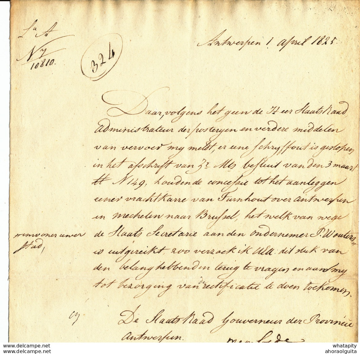 DDW 541 -- DILIGENCE ANTWERPEN à TURNHOUT - Document 1825 Signé Du Gouverneur De La Province D' Anvers - 1815-1830 (Période Hollandaise)
