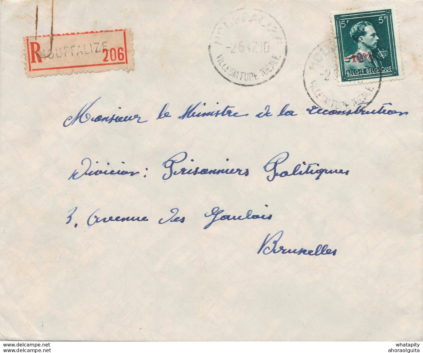 284/30 -  Lettre Recommandée TP Col Ouvert 5 F Moins 10 % - HOUFFALIZE 1947 Vers BXL - 1946 -10%