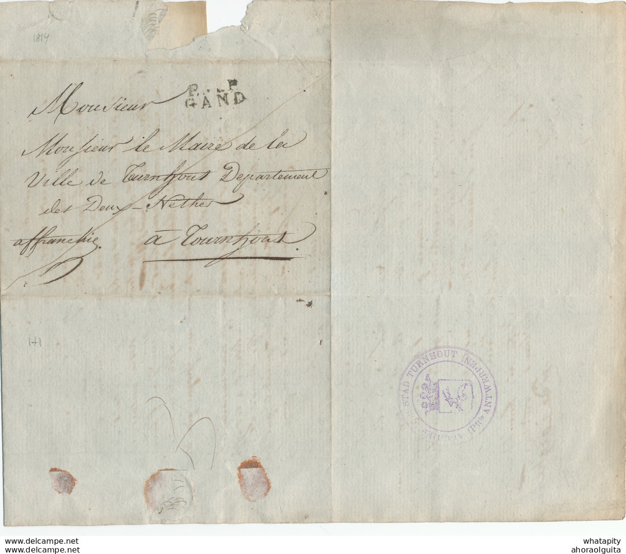 DDW 540 -- Lettre Précurseur De LOKEREN Via P. P. GAND 1814 Vers TURNHOUT ( Cachet De La Ville Au Verso ) - 1814-1815 (General Gov. Belgium)