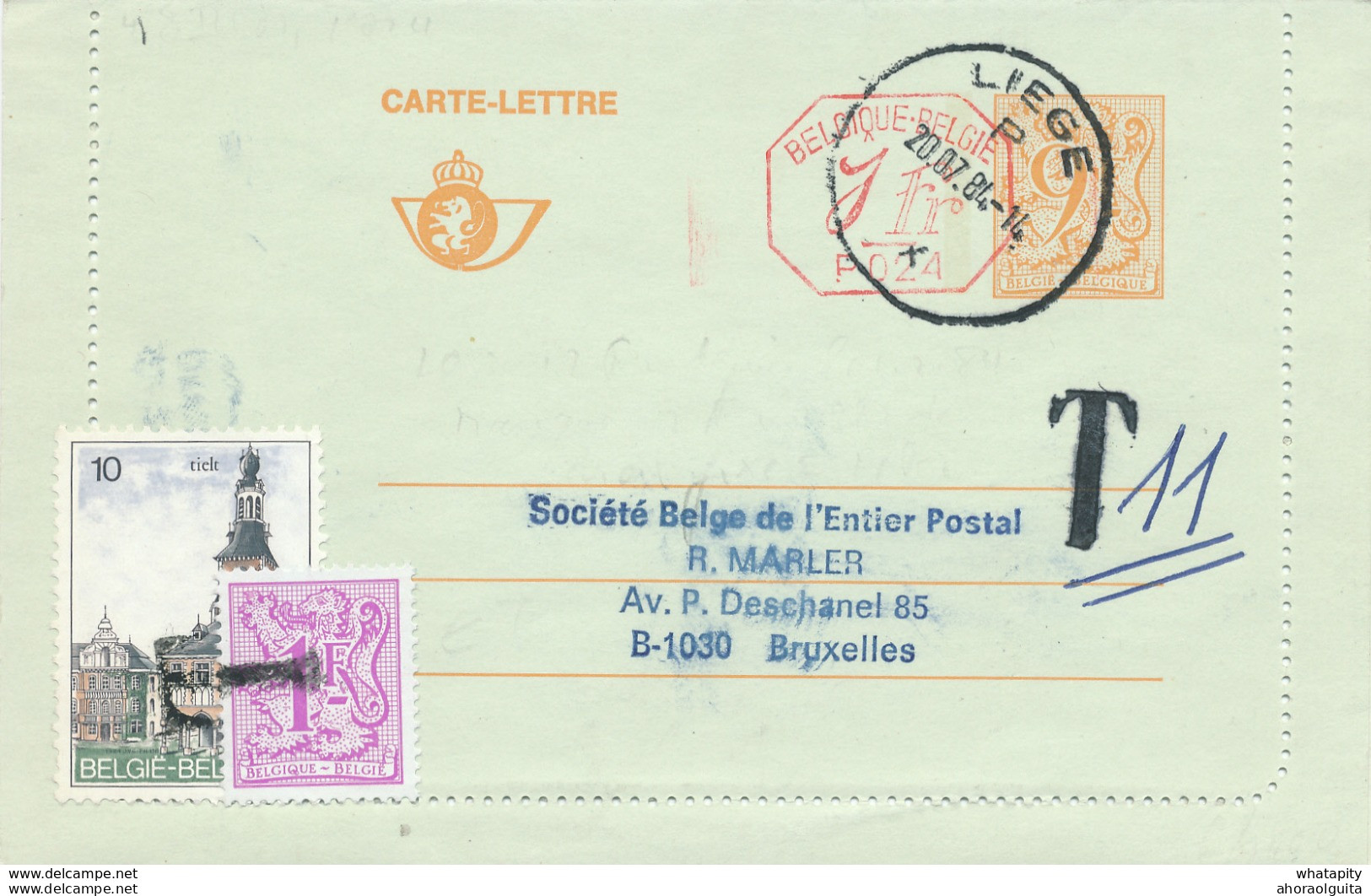 482/30 -- Carte-Lettre Moderne Tarif 10 F LIEGE 1984 Vers BXL - TAXEE Par Timbres-Poste 11 F - Carte-Lettere