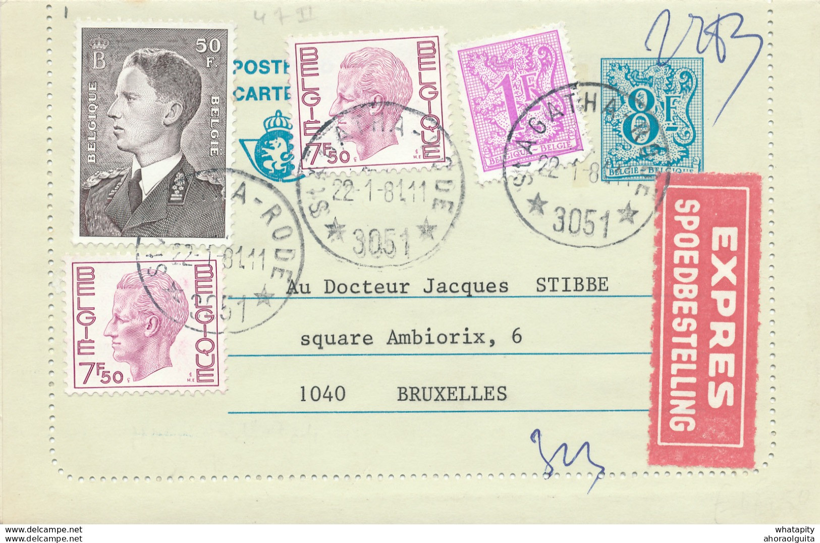 481/30 -- Carte-Lettre Moderne EXPRES + TP Elstrom Et Divers RELAIS à Etoiles ST AGATHA RODE 1981 Vers BXL - TARIF 74 F - Cartes-lettres
