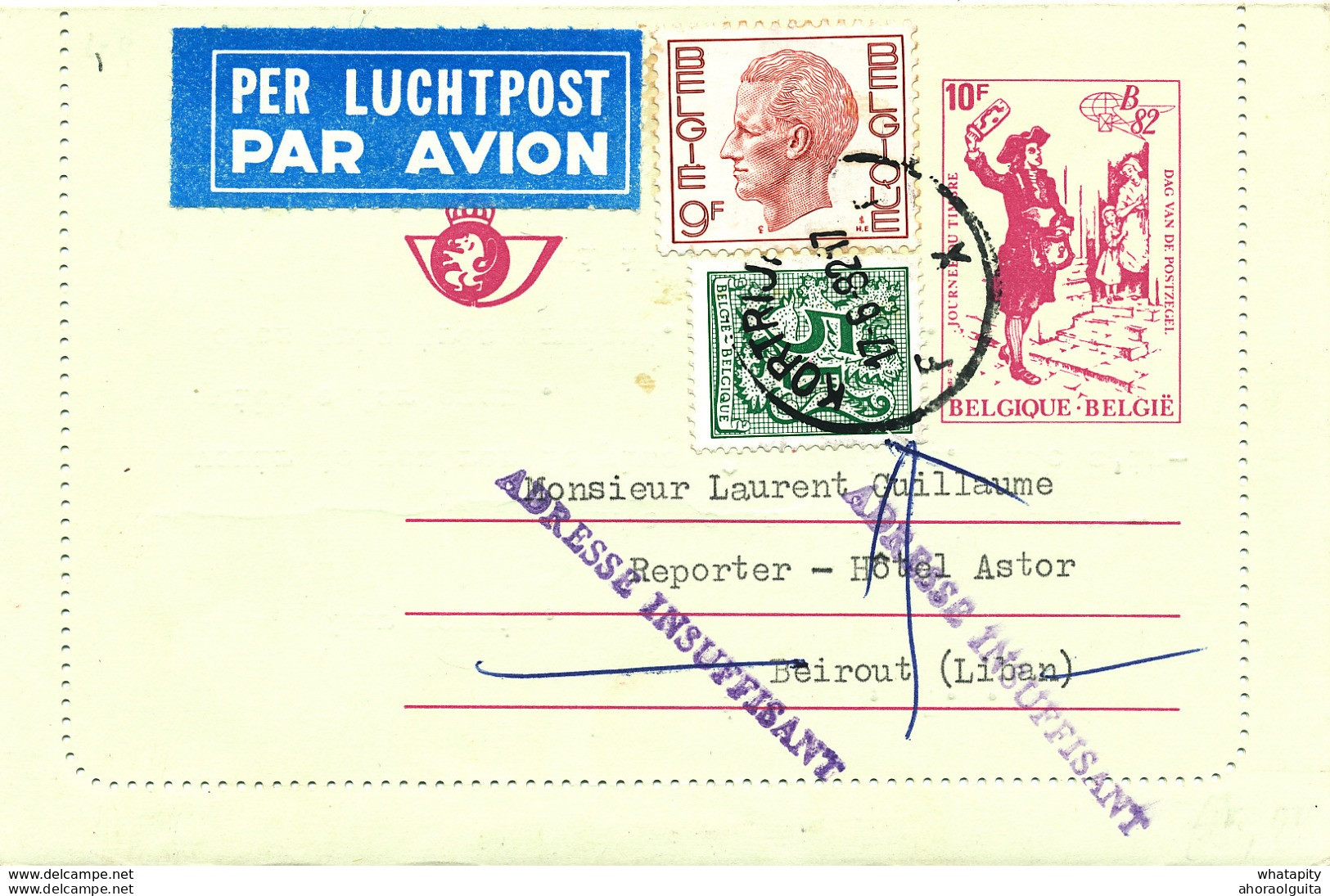 483/30 -- Carte-Lettre Moderne PAR AVION - Tarif 24 F KORTRIJK 1984 Vers BEYROUTH Liban - Griffe Adresse Insuffisante - Letter-Cards