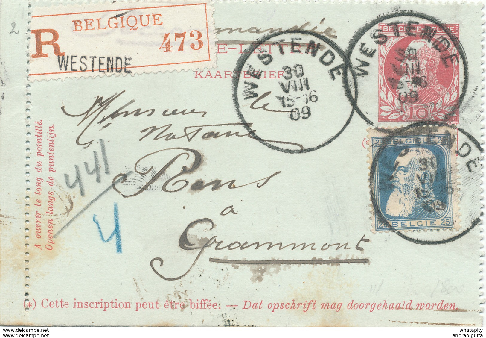 476/30 -- Carte-Lettre Grosse Barbe + TP Dito - Recommandée WESTENDE (COBA T3R) 1909 Vers GRAMMONT - Cartes-lettres