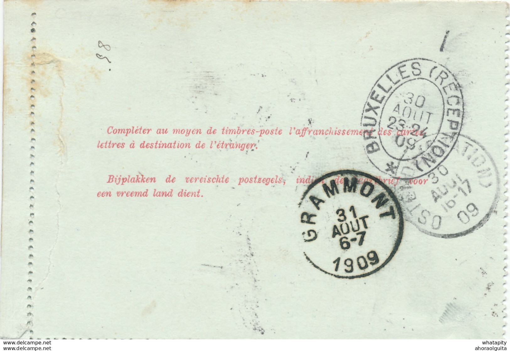 476/30 -- Carte-Lettre Grosse Barbe + TP Dito - Recommandée WESTENDE (COBA T3R) 1909 Vers GRAMMONT - Postbladen