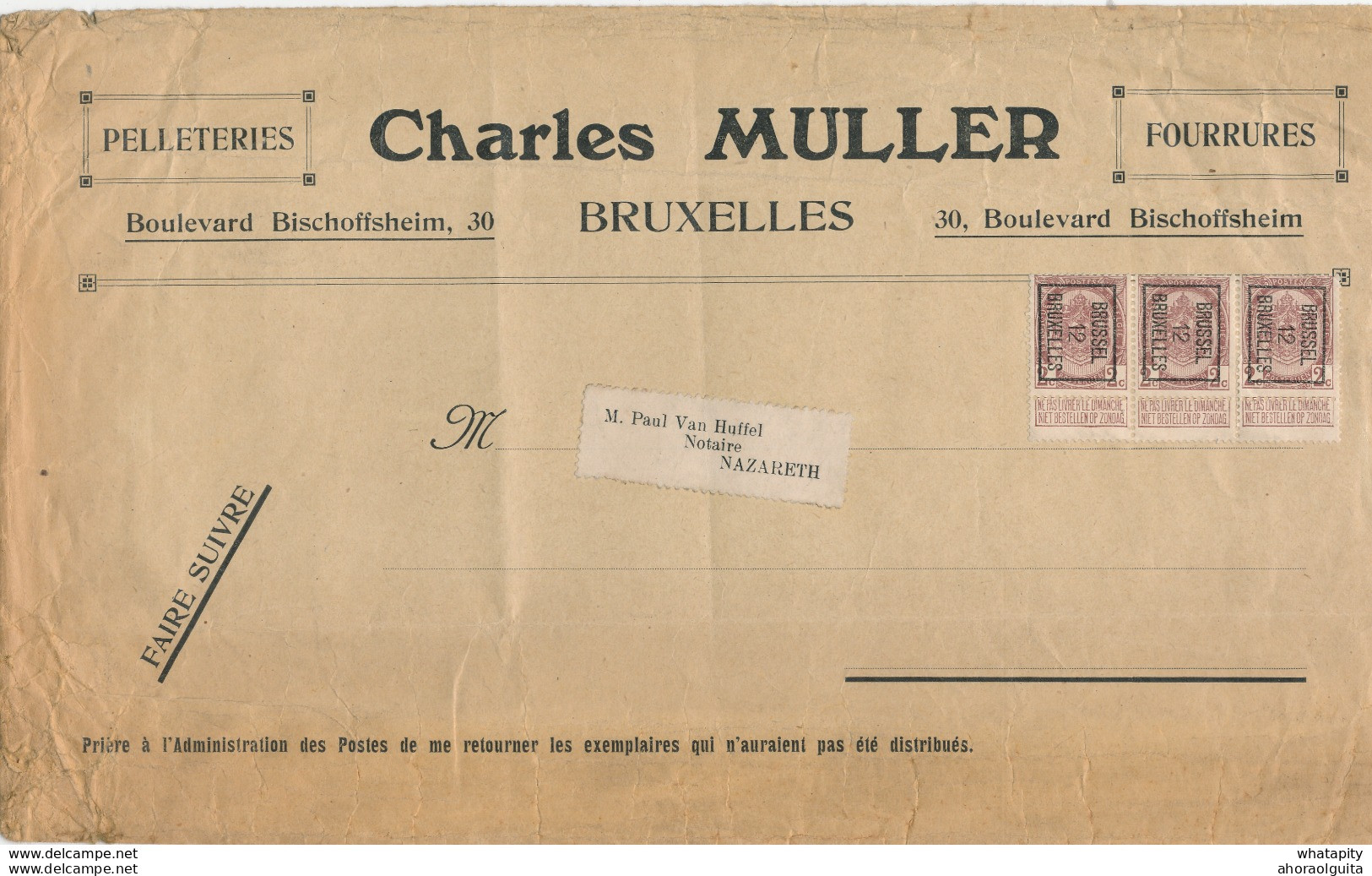 354/30 -- PREO 2 C Typo En Bande De Trois BRUXELLES 12 Sur Bande De Journal  Vers NAZARETH - Sobreimpresos 1906-12 (Armarios)