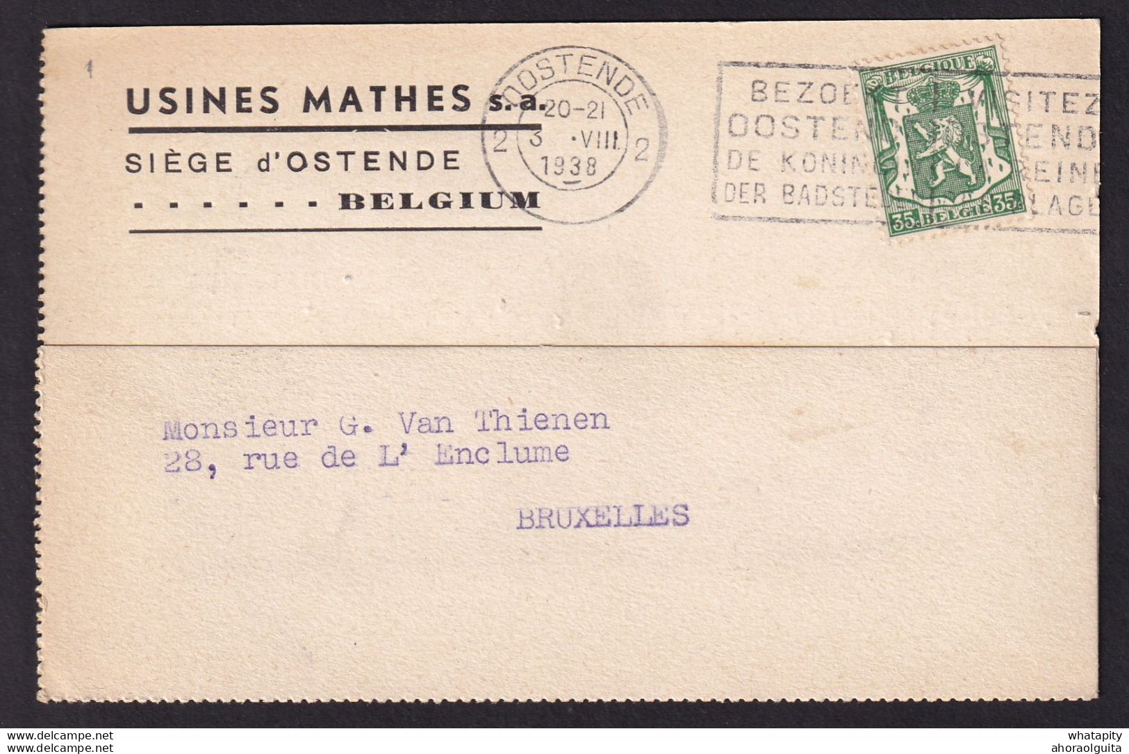 DDBB 002 - Carte Privée TP Petit Sceau OOSTENDE 2 En 1938 - Entete Usines Mathes - Slogan Bezoek Oostende - 1935-1949 Small Seal Of The State