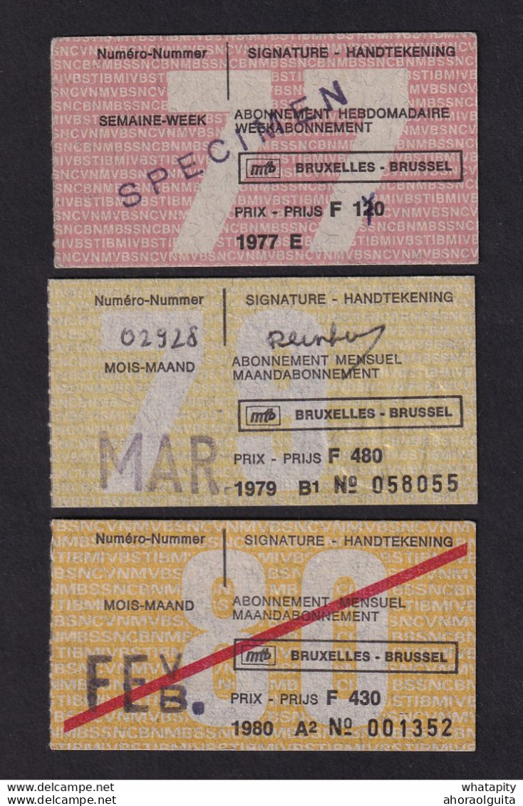 DDAA 891 --  LES TRAMWAYS BRUXELLOIS - 3 X Carte Abonnements Hebdo Ou Mensuel , 1 X SPECIMEN , 1977/80 - Europa