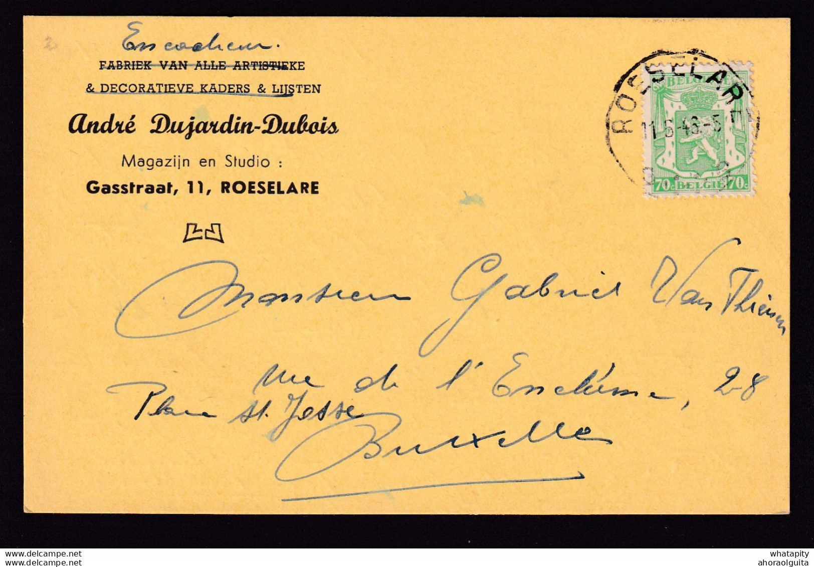 DDBB 003 - Carte Privée TP 712 Petit Sceau 70 C ROESELARE 1946- Entete Kaders § Lijsten Dujardin-Dubois - COB 15 Eur S/l - 1935-1949 Small Seal Of The State