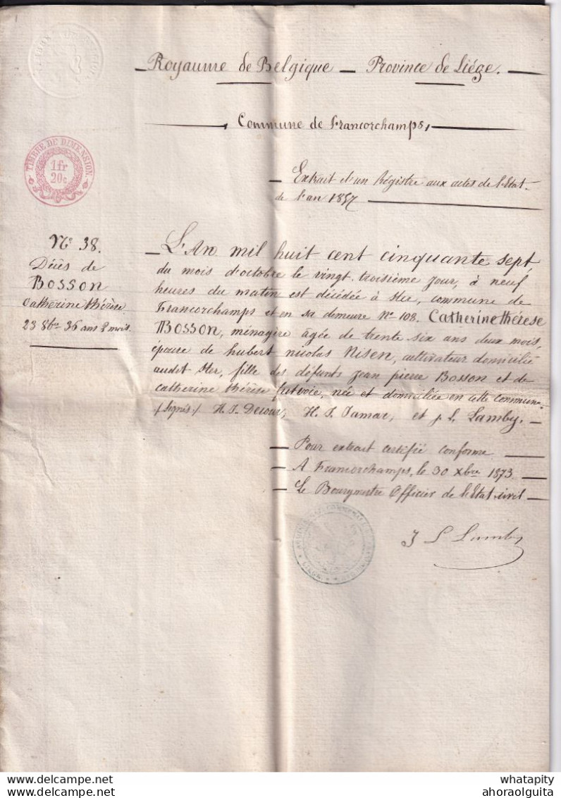 DDAA 665 - Papier Fiscal 1873 - Acte De Décès De Catherine Bosson En 1857 , Commune De FRANCORCHAMPS , Province De LIEGE - Documents