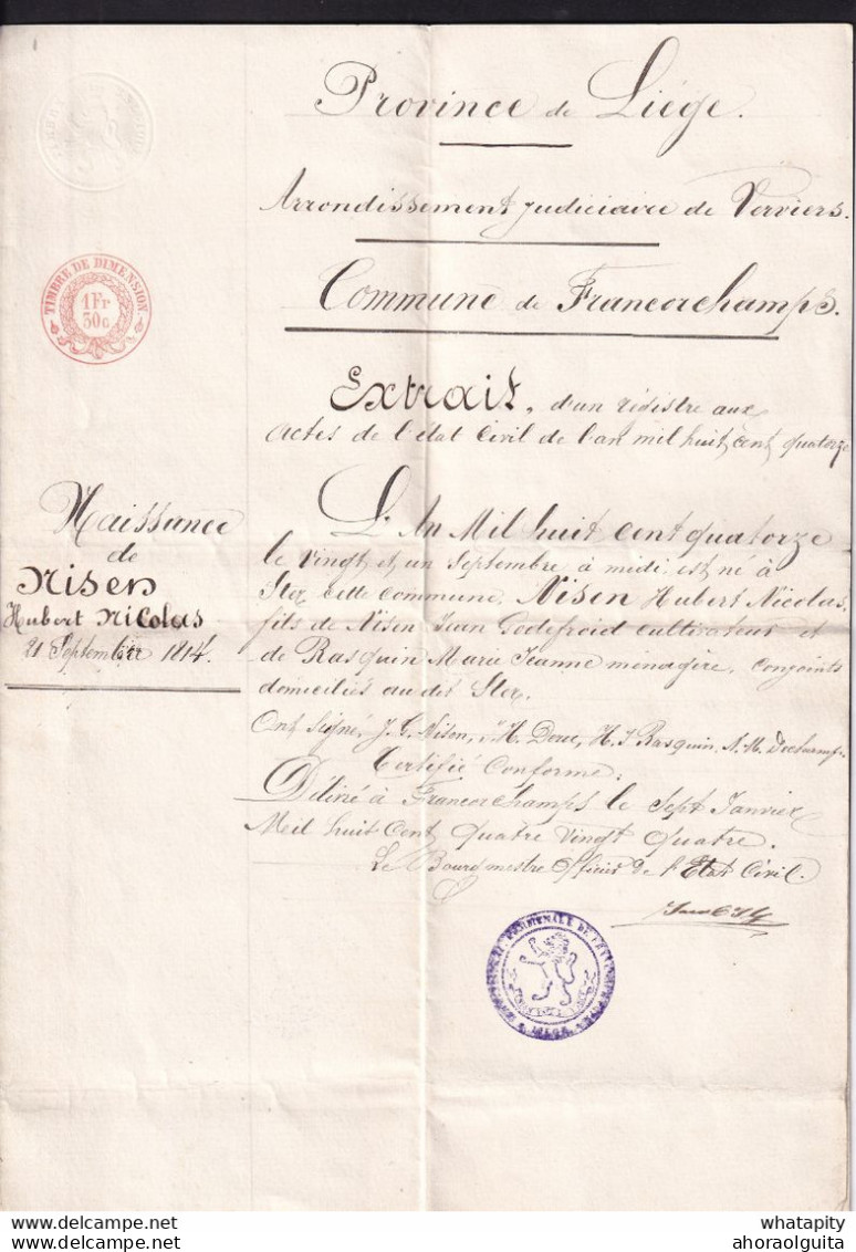 DDAA 663 - Papier Fiscal 1884 - Extrait De Naissance De Nisen Hubert En 1814 , Commune De FRANCORCHAMPS , Arr. VERVIERS - Documentos