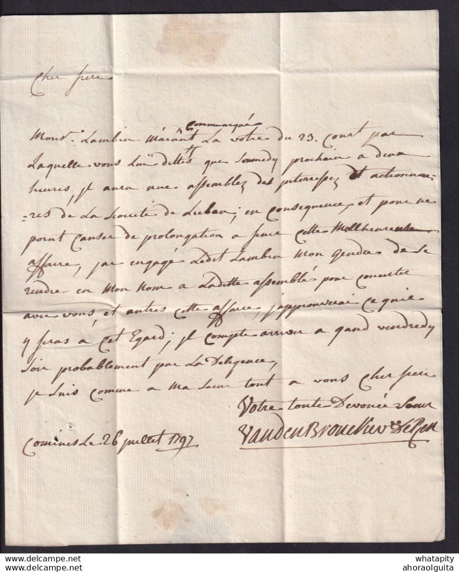 DDAA 561 - Lettre Précurseur COMINES 1797 Via 91 MENIN Vers GAND - Port 5 Sols Encre - Signée Vanden Broucke - 1794-1814 (Période Française)