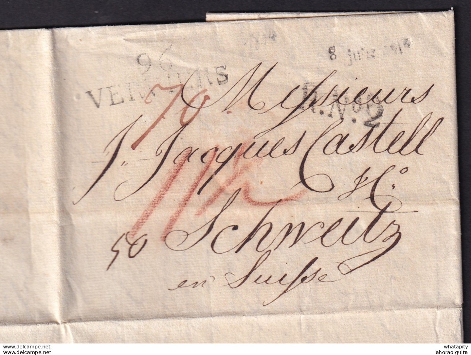 DDAA 564 - Lettre Précurseur 96 VERVIERS , Griffe 8 Juin 1814 , Griffe R No 2 Vers SCHWEITZ Suisse - Signée Henrard - 1814-1815 (Gobierno General De Belgica)