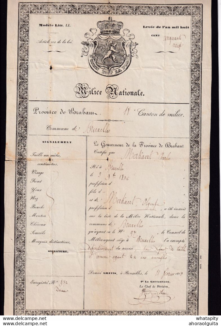 222/35 -  MILICE NATIONALE - Certificat D'exemption Par Le Gouverneur Du Brabant BRUXELLES 1860 - Charles Merkaert - Cartas & Documentos