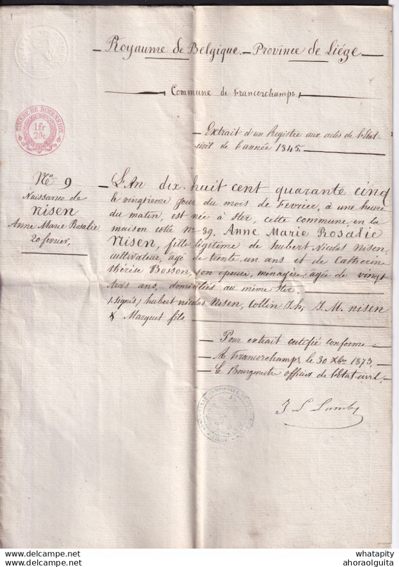 DDAA 664 - Papier Fiscal 1873 - Extrait De Naissance De Nisen Anne 1845 , Commune De FRANCORCHAMPS , Province De LIEGE - Documents