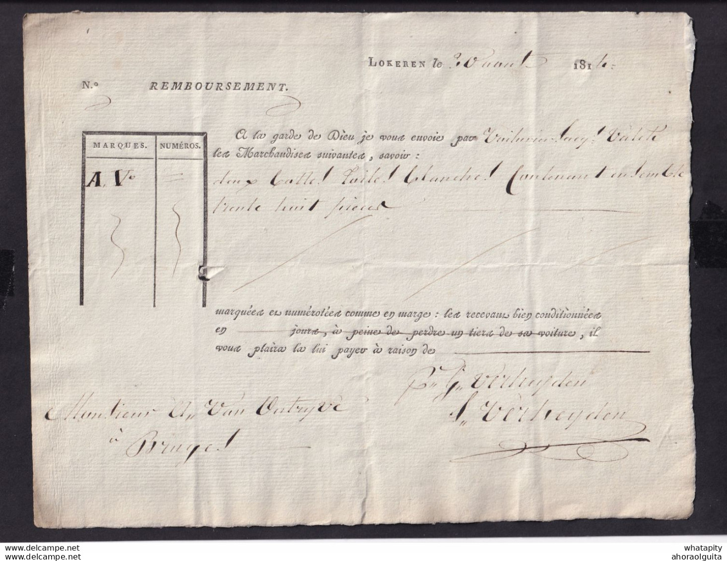 218/35 -  LOKEREN - Document De Transport De Toile Blanche 1814 Vers BRUGES - Par Voiturier Valeti (?) - 1800 – 1899