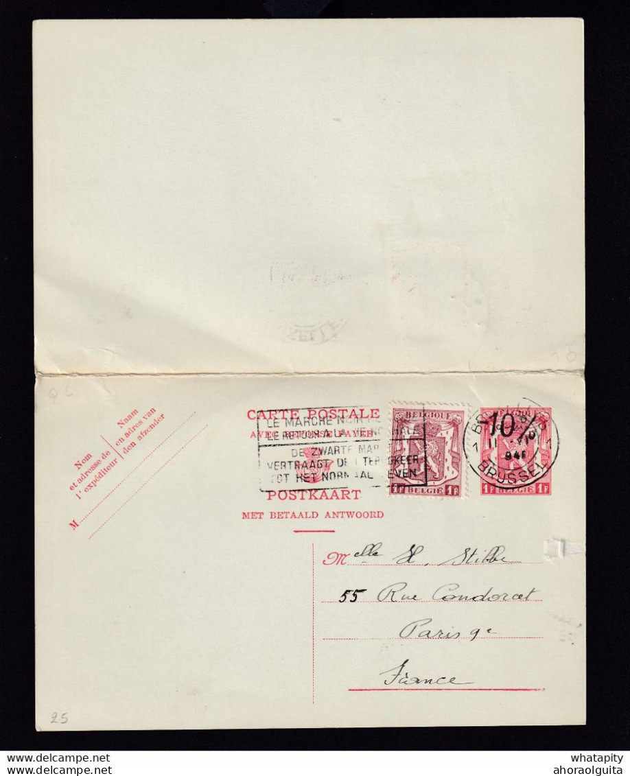 DDZ 928 -- Entier Postal Petit Sceau Moins 10 % + TP Dito BRUXELLES 1946 Vers PARIS = REPONSE PARIS Vers BXL - Postkarten 1934-1951