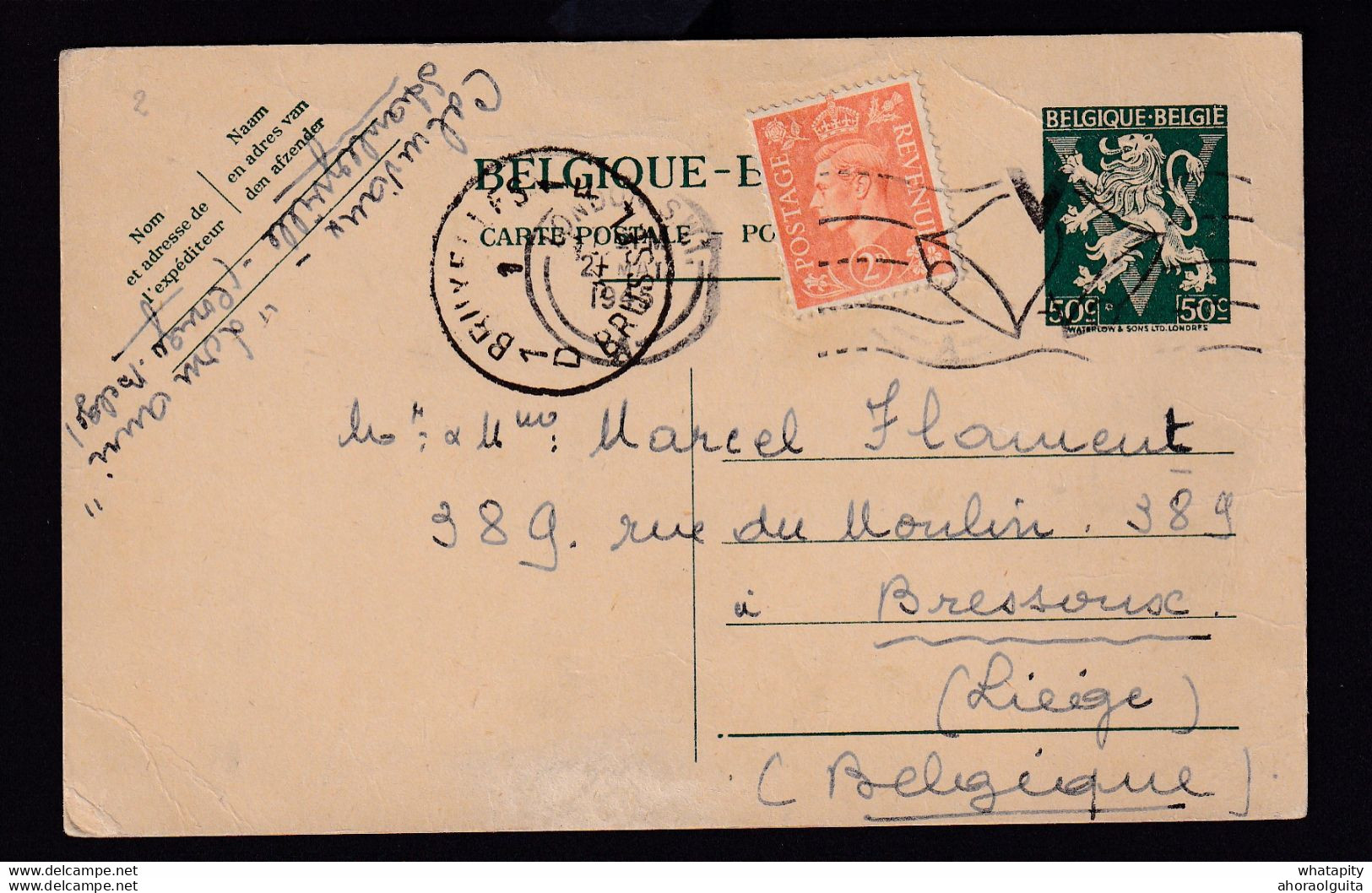 DDZ 923 -- Entier Postal Lion V + TP Anglais Mécanique Avec Cloche LONDON 1945 Vers BRESSOUX Via BXL - Tarjetas 1934-1951