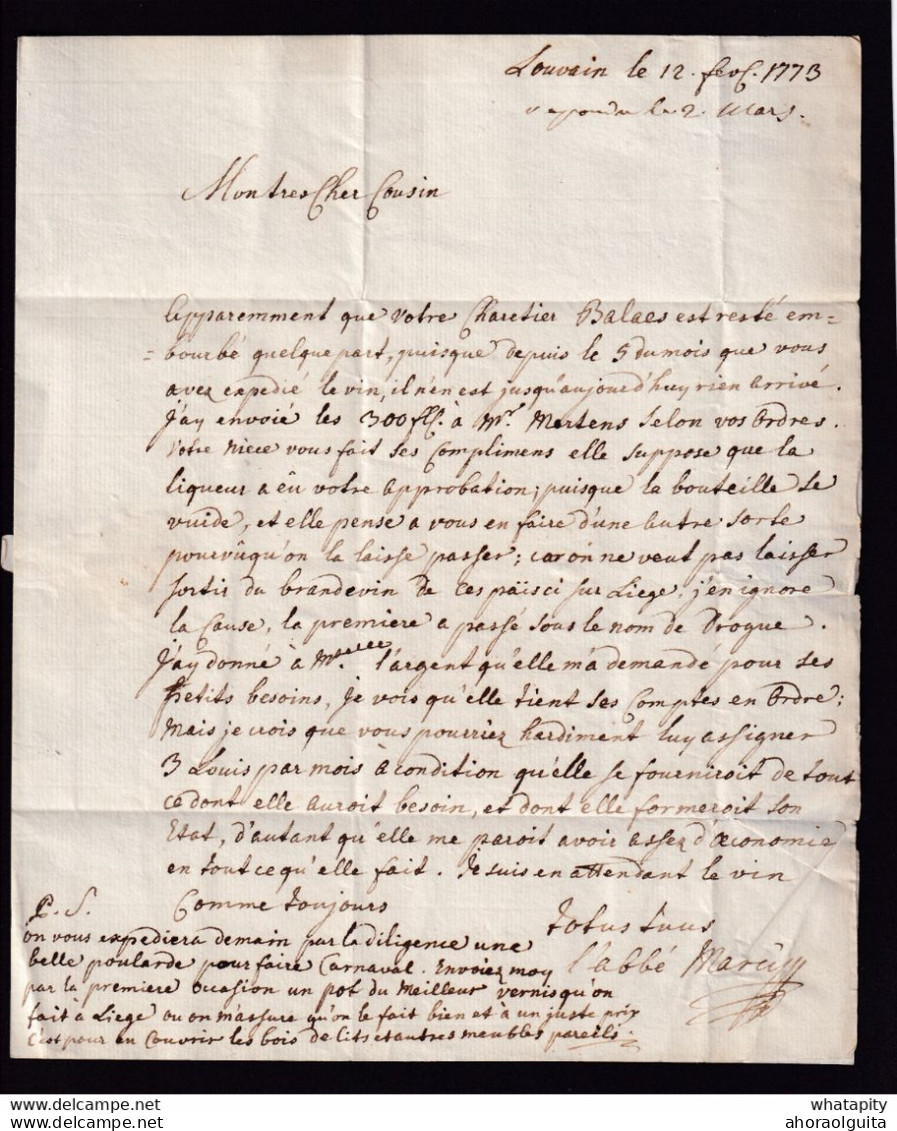 DDZ 640 - Archive Privée Du Chanoine Antoine à LIEGE - Lettre Précurseur LOUVAIN 1773 Signée Abbé Marcy - TB Texte - 1714-1794 (Paises Bajos Austriacos)