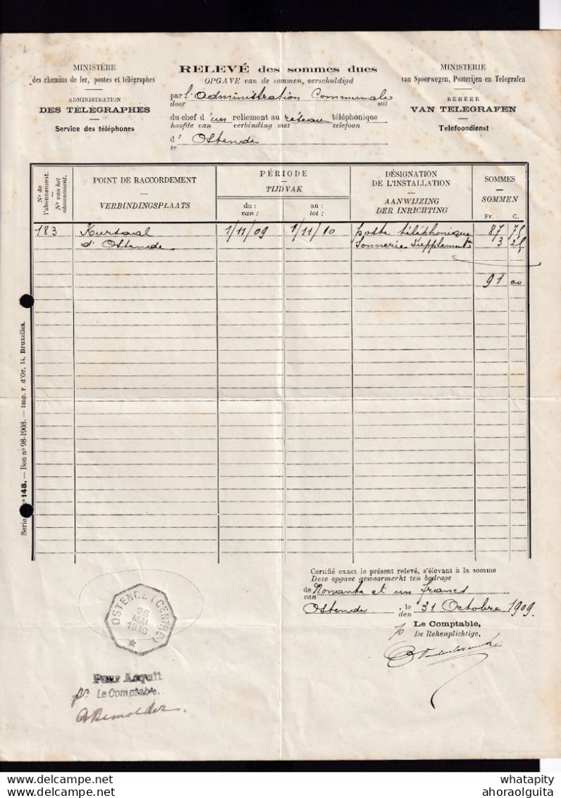 DDZ 559 - TELEPHONE OSTENDE - Document De Facturation Du Raccordement Du Kursaal En 1910 - Cachet Télég. OSTENDE Centre - Telephone [TE]