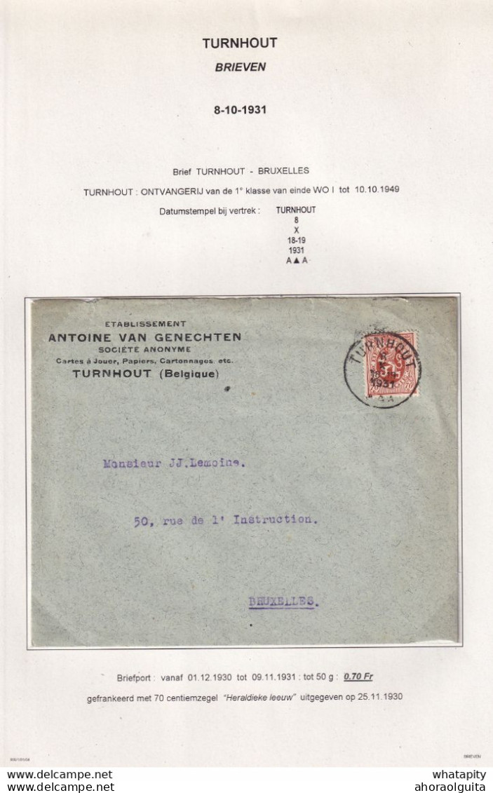 DDZ 046 - Enveloppe TP Lion Héraldique TURNHOUT 1931 - Entete Cartes à Jouer Etab. Antoine Van Genechten - 1929-1937 Leone Araldico