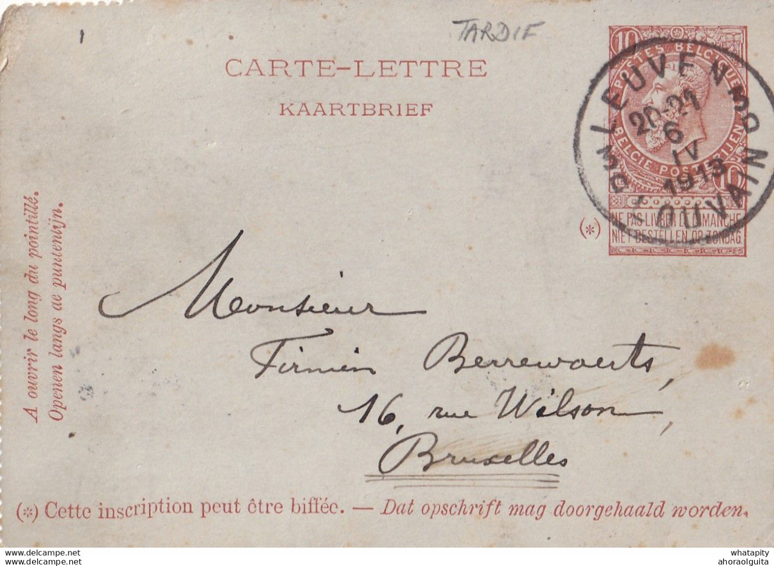DDY744 - EMPLOI TARDIF - Entier Carte-Lettre Type TP 57 Bilingue LEUVEN 1913 Vers Bruxelles - Carte-Lettere