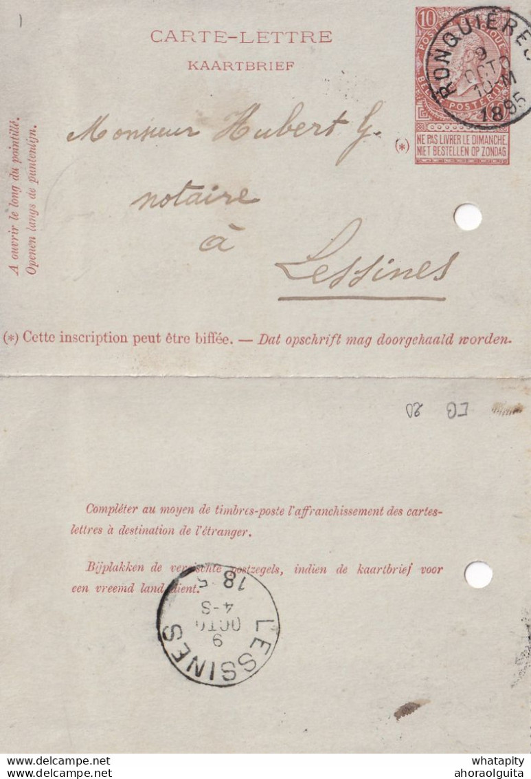 DDY739 - Entier Carte-Lettre Type TP 57 RONQUIERES 1895 Vers Notaire Hubert à LESSINES - Signée Begyn - Cartes-lettres