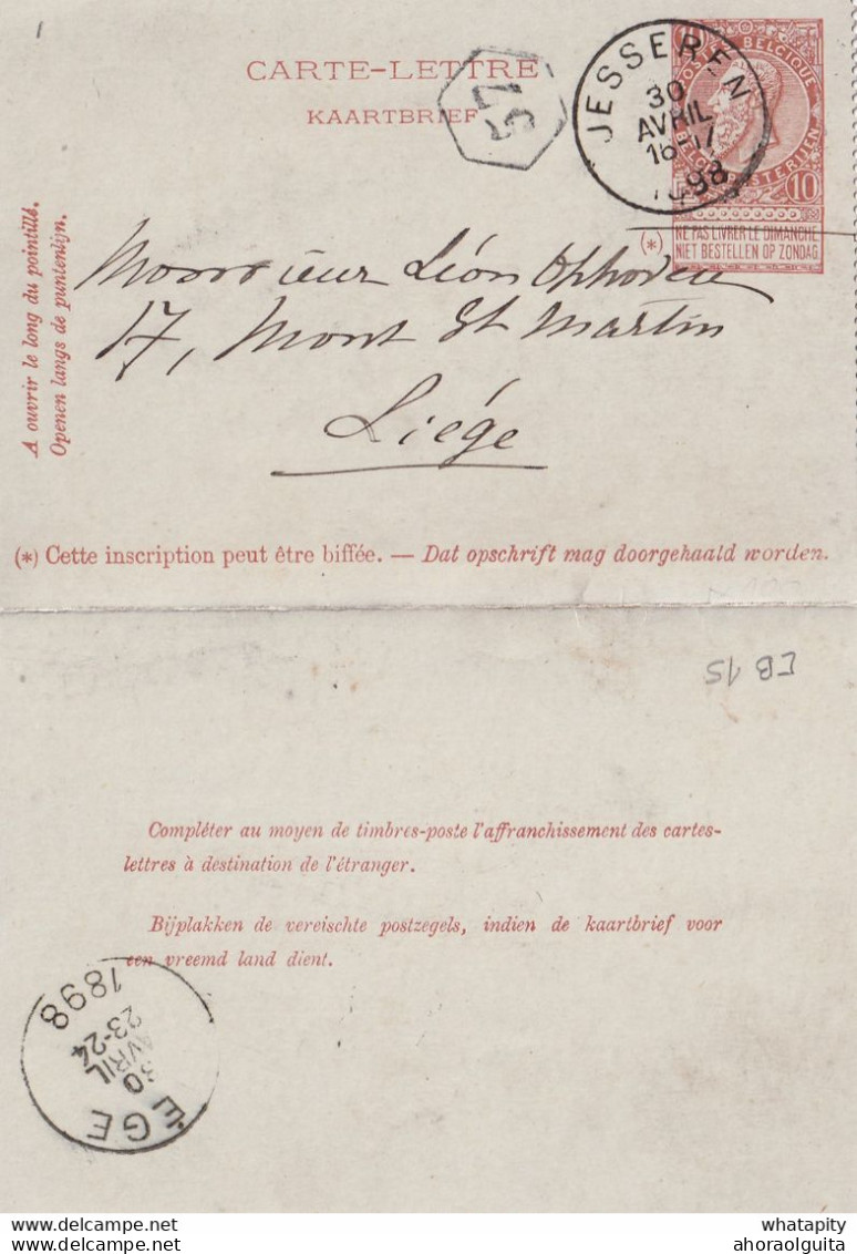 DDY735 - Entier Carte-Lettre Type TP 57 JESSEREN 1898 Vers LIEGE - Signée Naveau - Cartes-lettres