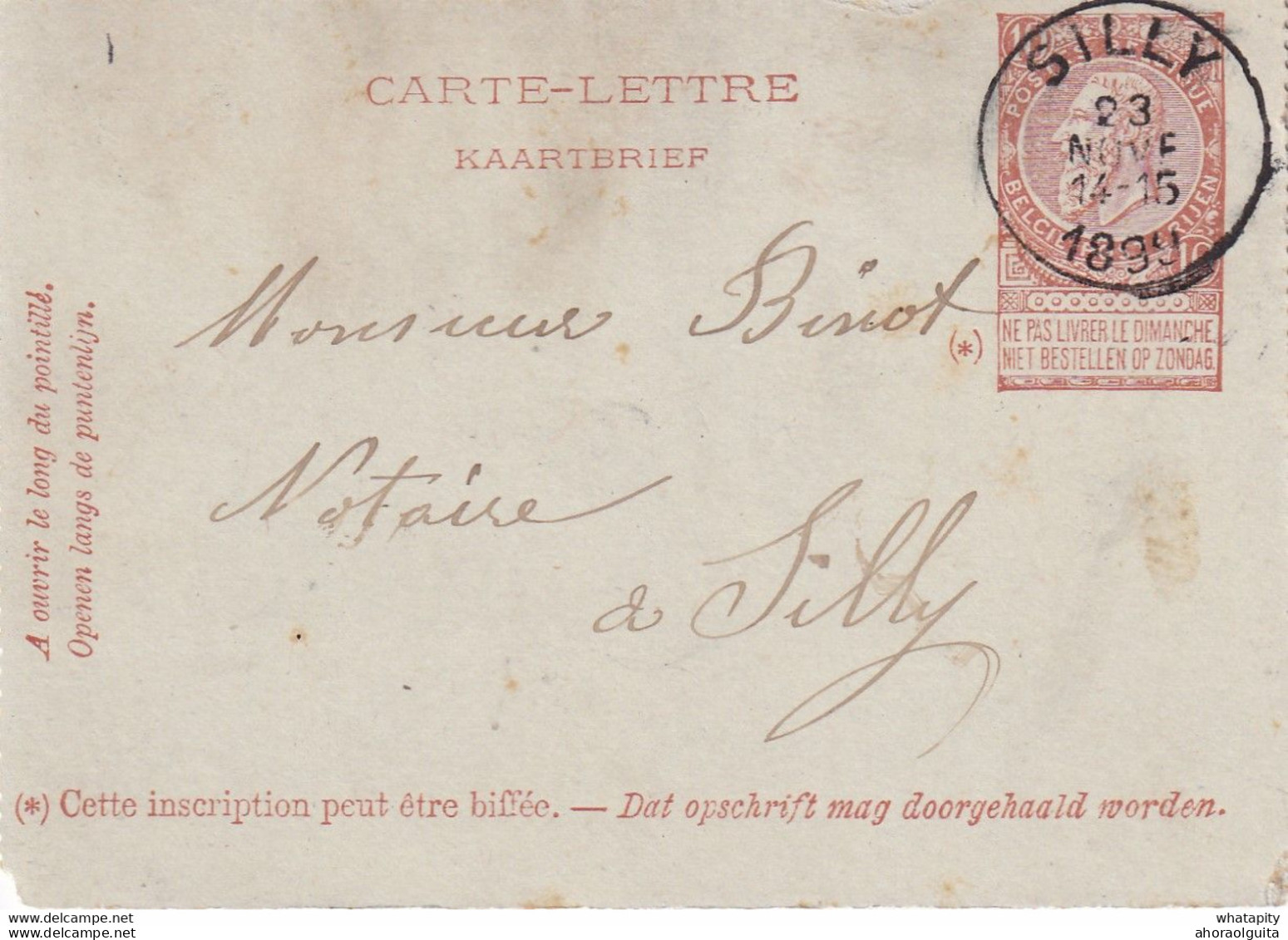 DDY742 - Entier Carte-Lettre Type TP 57 SILLY 1899 Vers Le Notaire Binot à Silly- Signée Hanotière - Cartes-lettres