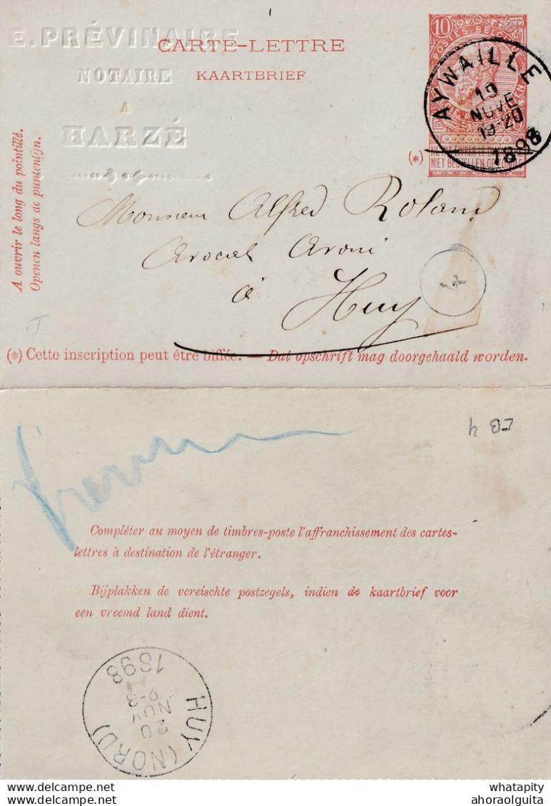 DDY724 - Entier Carte-Lettre Type TP 57 AYWAILLE 1898 Vers HUY - Cachet En Relief Notaire Prévinaire à HARZE - Postbladen