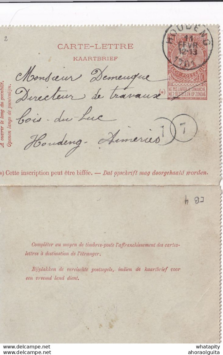 DDY733 - Entier Carte-Lettre Type TP 57 HOUDENG 1901 à BOIS DU LUC - Expédiée De HOUDENG-AIMERIES (Bois) , Signée Roland - Carte-Lettere