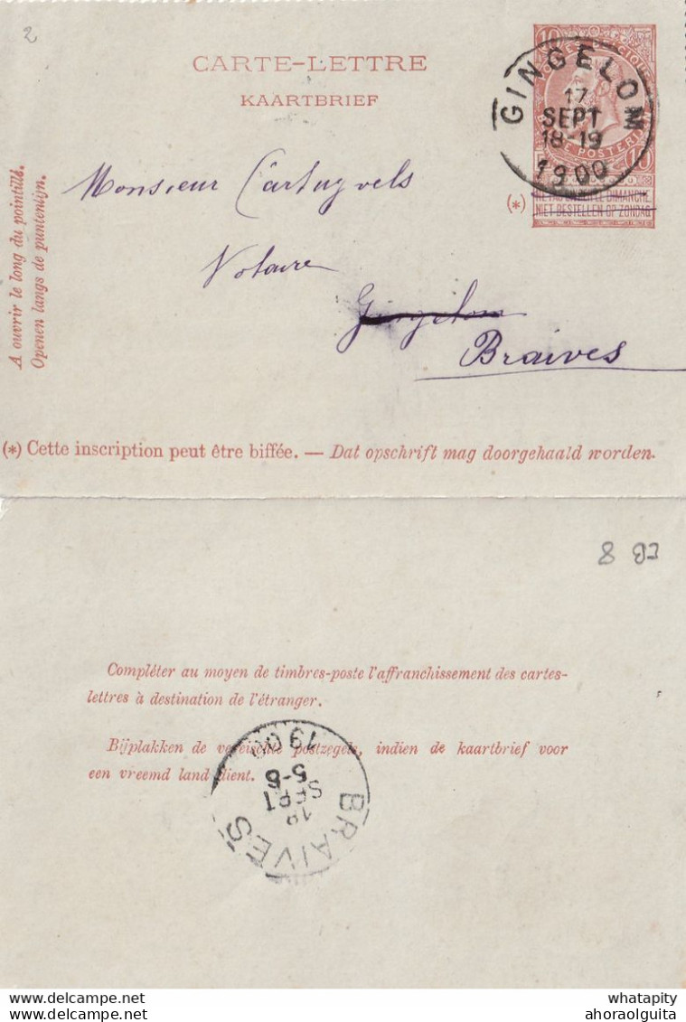 DDY729 - Entier Carte-Lettre Type TP 57 GINGELOM 1900 Vers BRAIVES - Expédiée De CRAS-AVERNAS - Postbladen