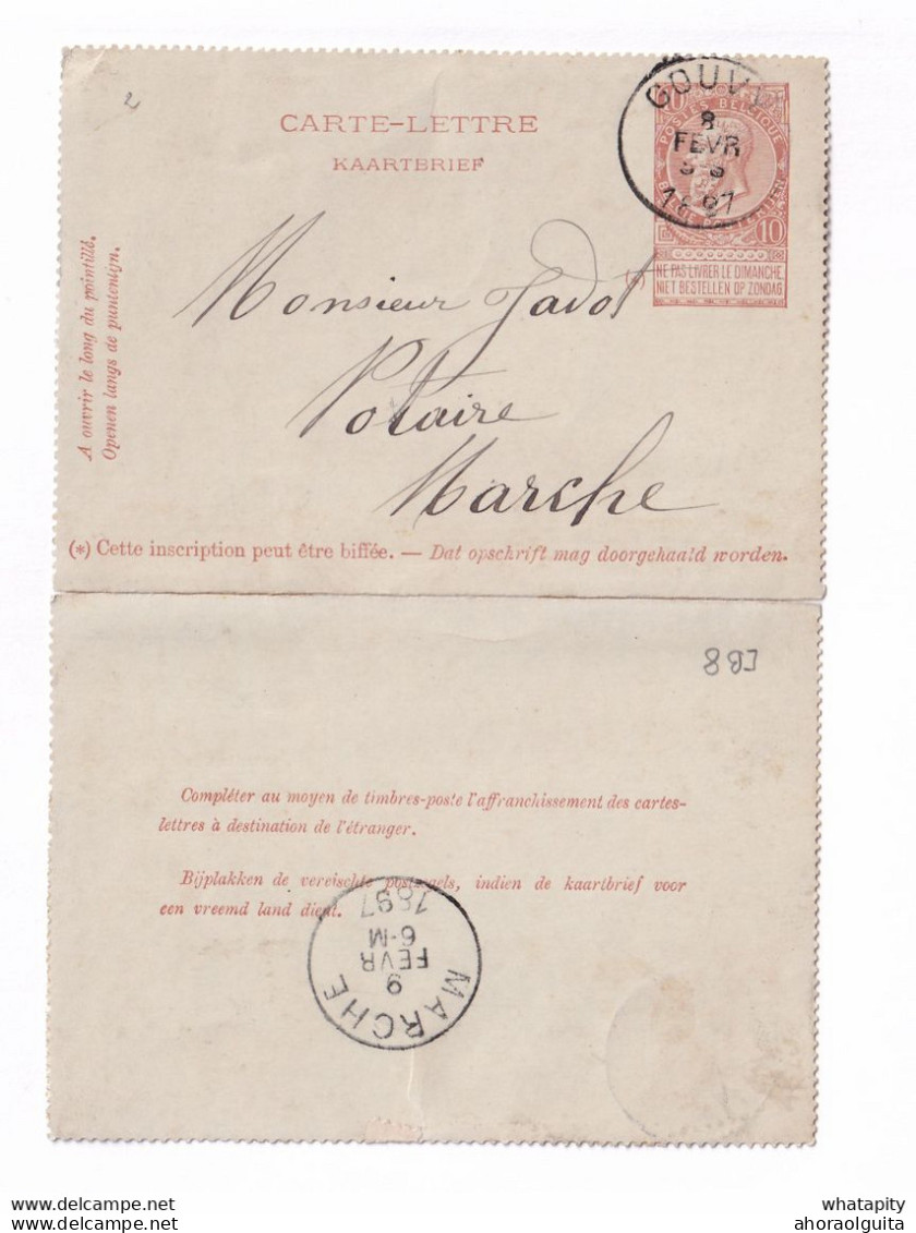 DDY731 - Entier Carte-Lettre Type TP 57 GOUVY 1897 Vers Le Notaire Jadot à MARCHE - Expédiée De ROUVROY , Signée Piton - Kartenbriefe