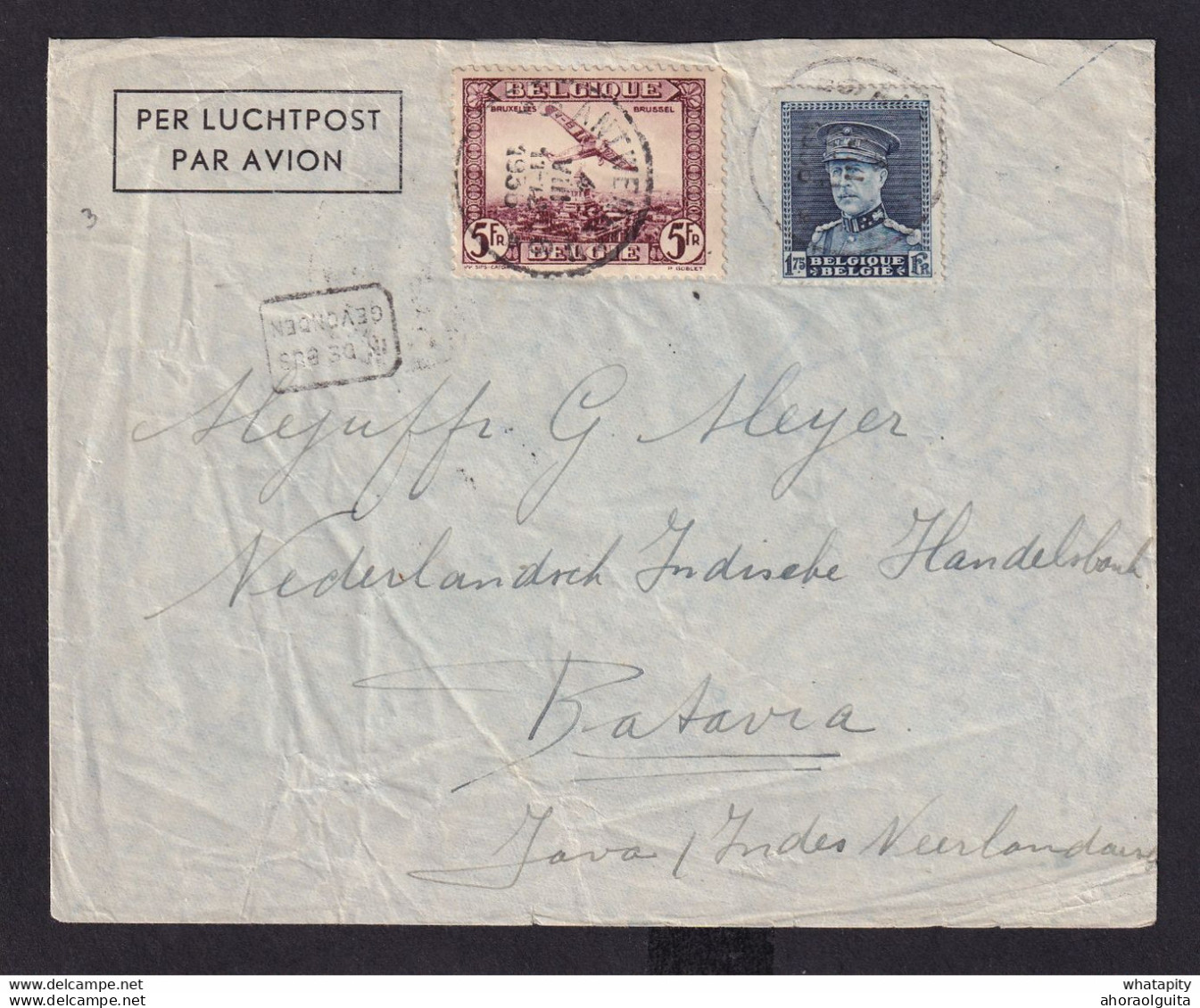 DDY 886 - Enveloppe PAR AVION TP Képi + Avion ANTWERPEN 1936 Vers BATAVIA Indes NL - Destination RARE - 1931-1934 Kepi