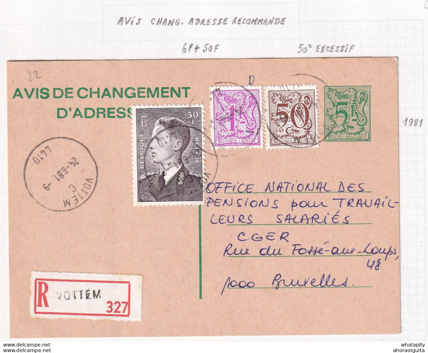 DDY 878 -  Avis De Changement D' Adresse - Plus Rares En Recommandé - 5 F + 51 F 50 En TP - VOTTEM En 1981 Vers BXL - Adressenänderungen