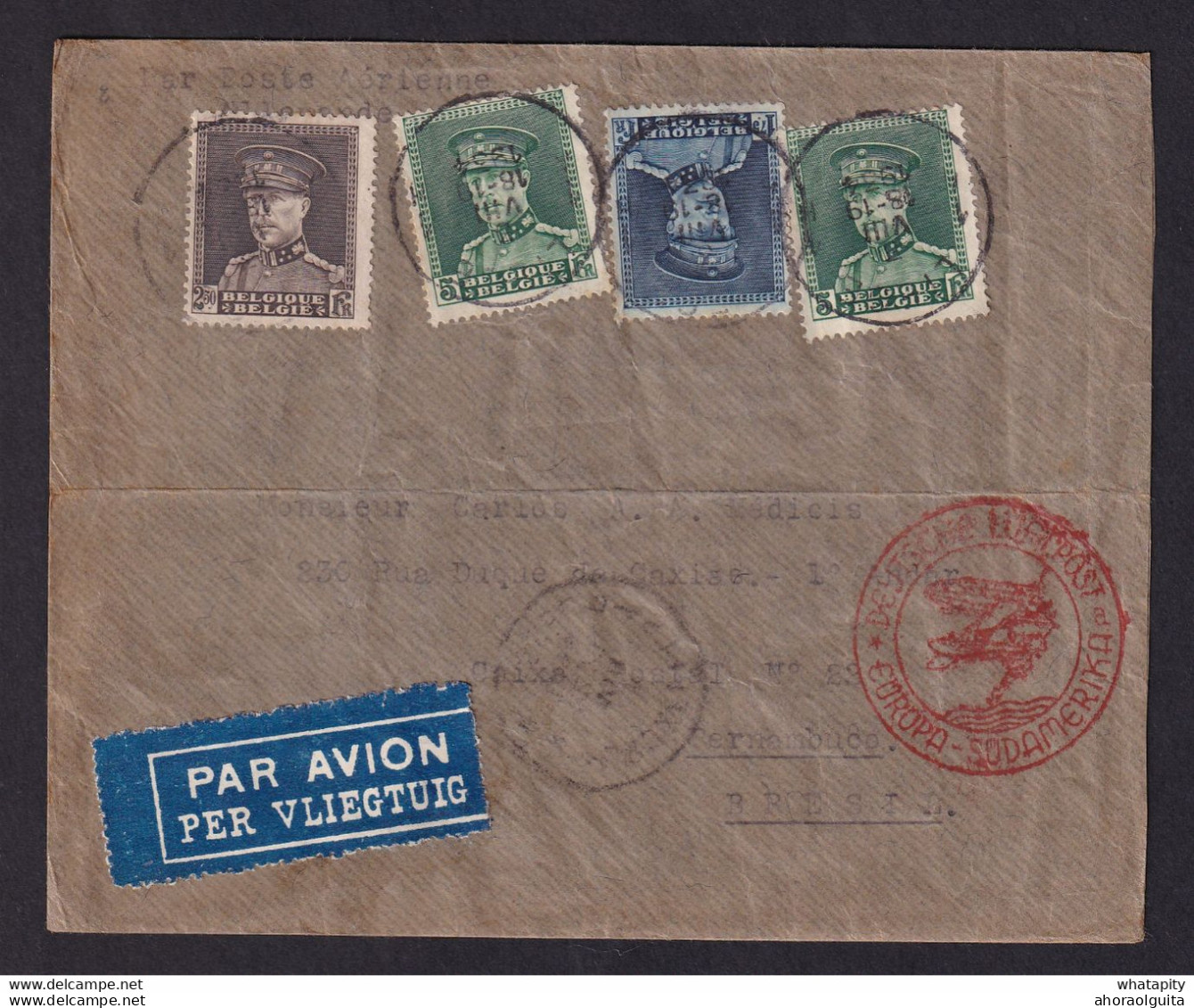 DDY 883 - Enveloppe PAR AVION TP Képis (Tricolore) LIEGE 1934 Vers Le Brésil- Cachet Deutdche Luftpost Europa-Sudamerika - 1931-1934 Képi