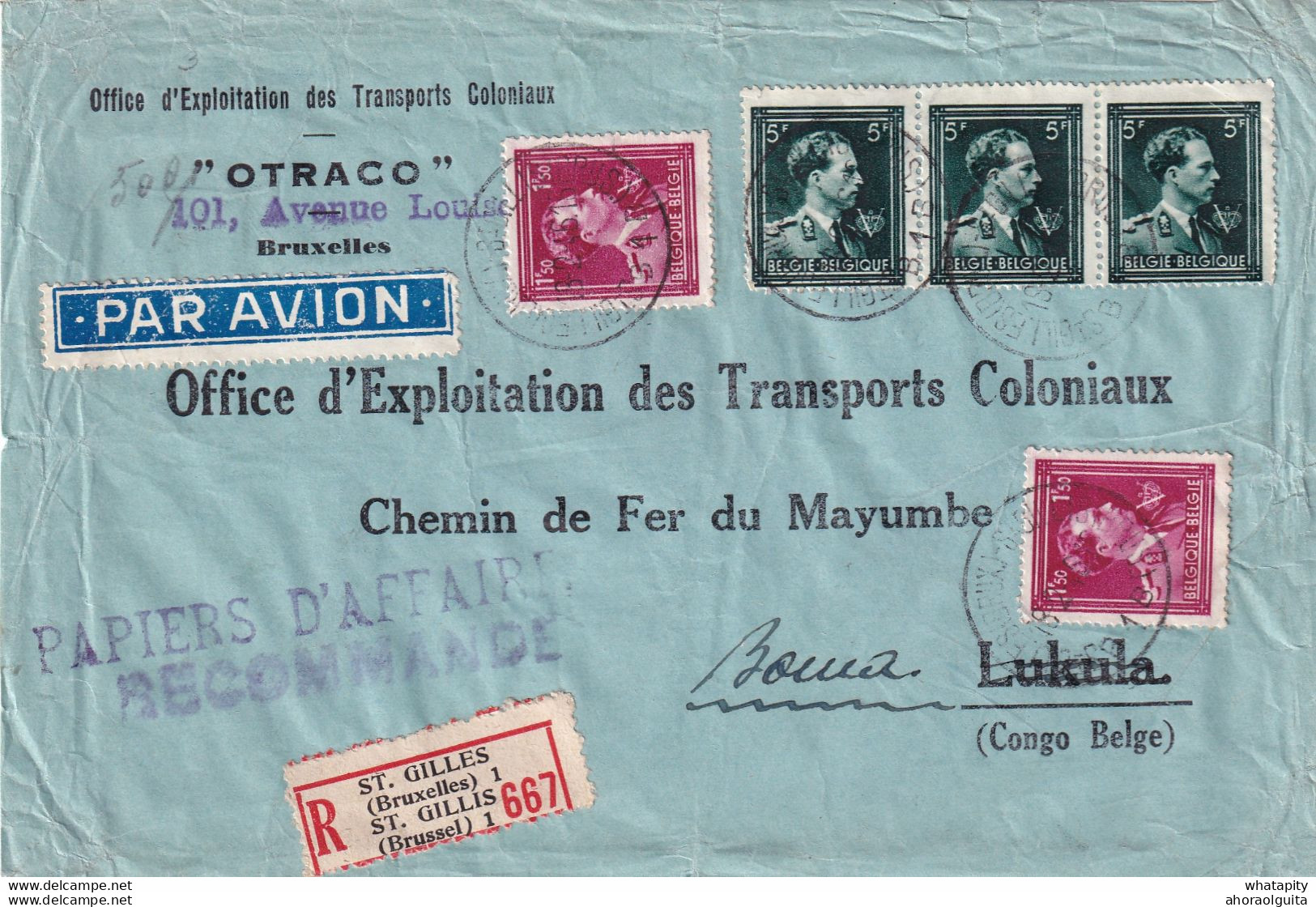 DDY 635 - Papiers D' Affaire Recommandés PAR AVION TP Col Ouvert V BRUXELLES 1946 Vers BOMA Congo Belge - TARIF 18 F - 1936-1957 Open Kraag