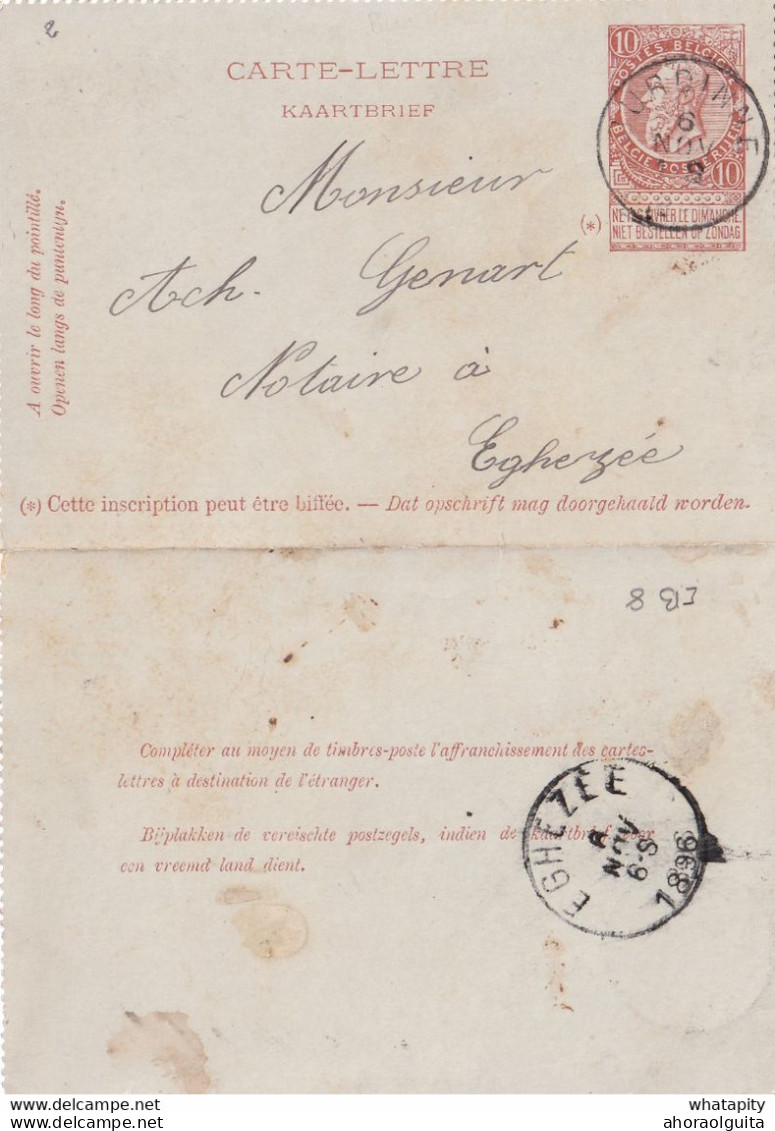 DDY726 - Entier Carte-Lettre Type TP 57 BURDINNE 1896 Vers Le Notaire Genart à EGHEZEE - Signée Pauly à HANNECHE - Carte-Lettere
