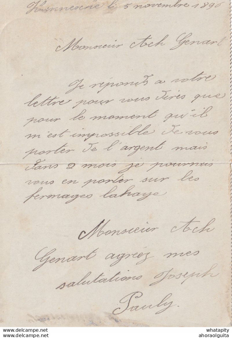 DDY726 - Entier Carte-Lettre Type TP 57 BURDINNE 1896 Vers Le Notaire Genart à EGHEZEE - Signée Pauly à HANNECHE - Kartenbriefe