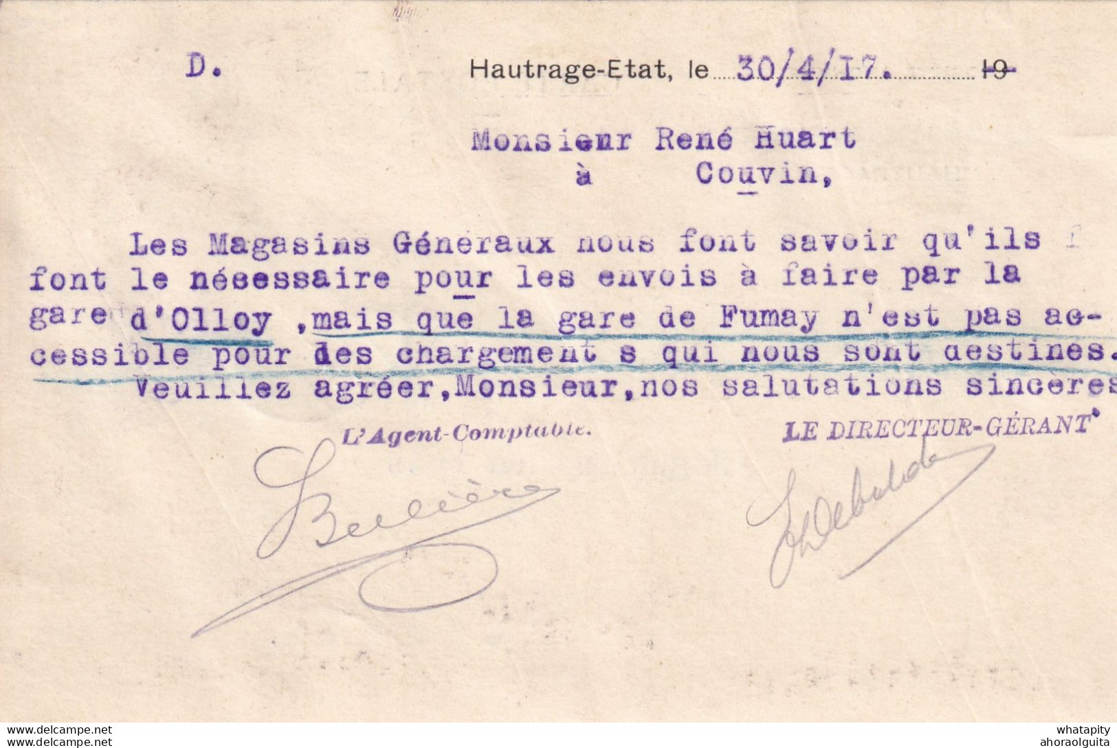 DDY 613 - Carte Privée TP Germania Non Surchargé 1917 - Censure Etapes - Entete Charbonnages Du Hainaut à HAUTRAGE-ETAT - OC26/37 Staging Zone