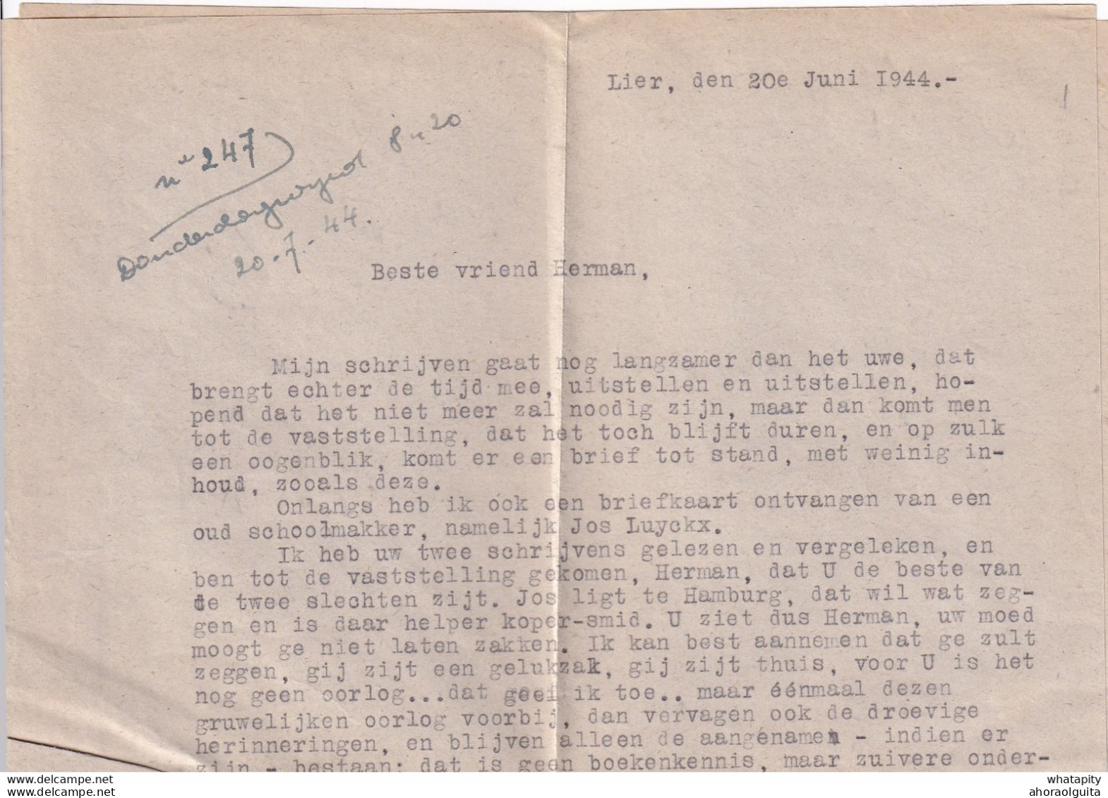 DDY 621 - Travailleur Civil Belge - Enveloppe + Texte Complet 1p. TP Col Ouvert LIER 1944 Vers Hotel Christophel à TRIER - Oorlog 40-45 (Brieven En Documenten)