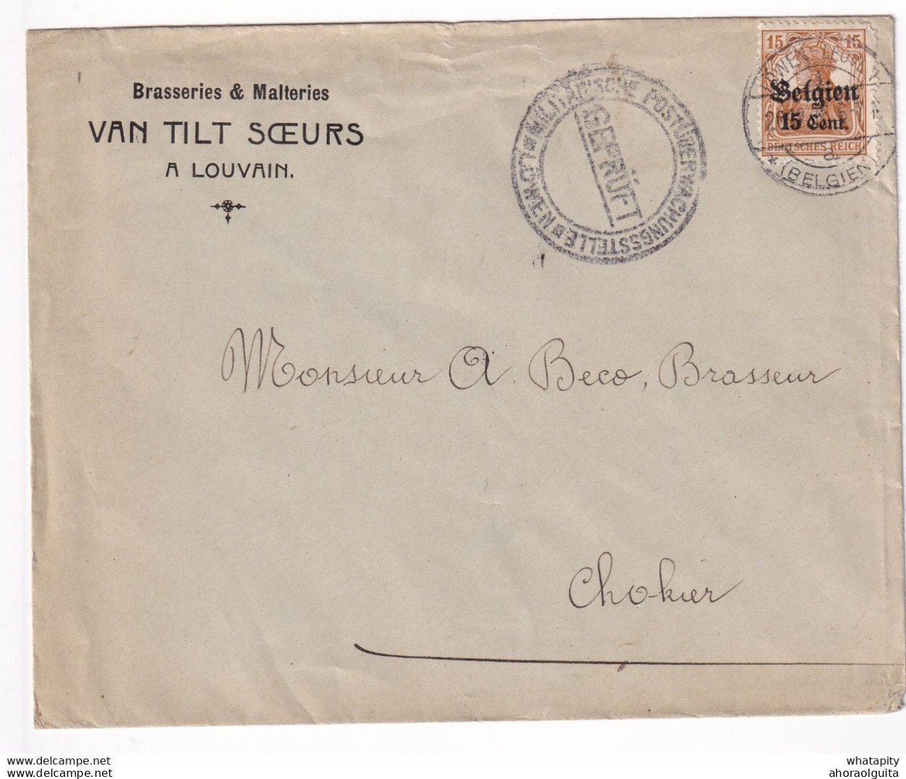 DDY 520 -Thème BRASSERIE - Belgique Enveloppe TP Germania LEUVEN 1916 - Van Tilt Soeurs Vers Brasseur Beco à CHOKIER - Bier