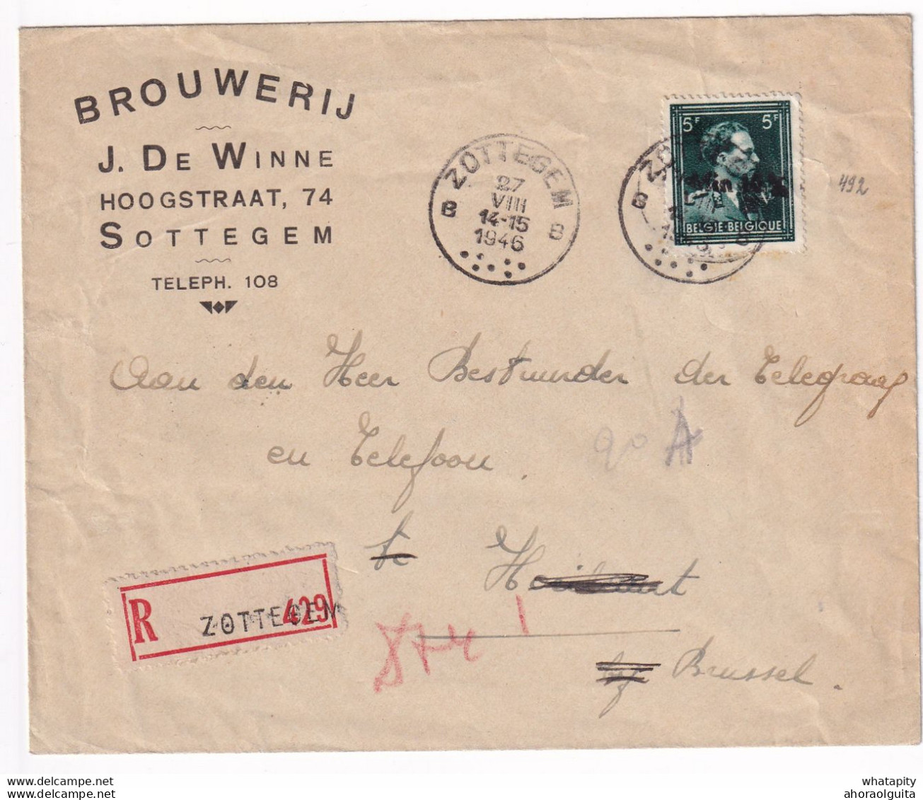 DDY 521 -Thème BRASSERIE - Belgique Enveloppe Reco TP Col Ouvert Min 10 % ZOTTEGEM 1946 - Entete Brouwerij De Winne - Bières