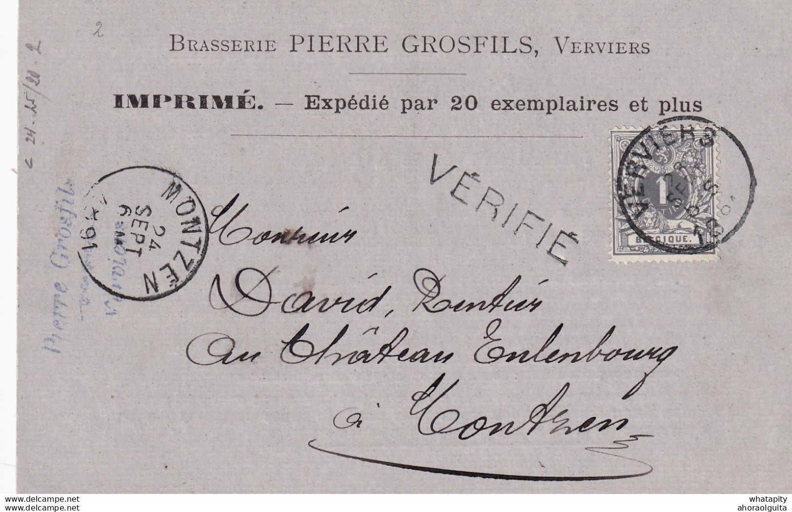 DDY 519 -Thème BRASSERIE - Belgique Imprimé TP 1 C VERVIERS 1891  - Griffe VERIFIE - Entete + Cachet Pierre Grosfils - Bières